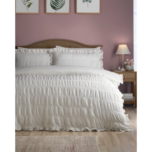 Large Seersucker Frill Duvet Set White King Size