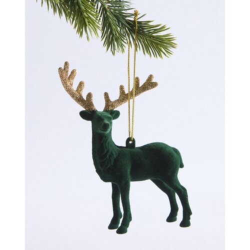 Flocked Reindeer Hanging Decoration Green