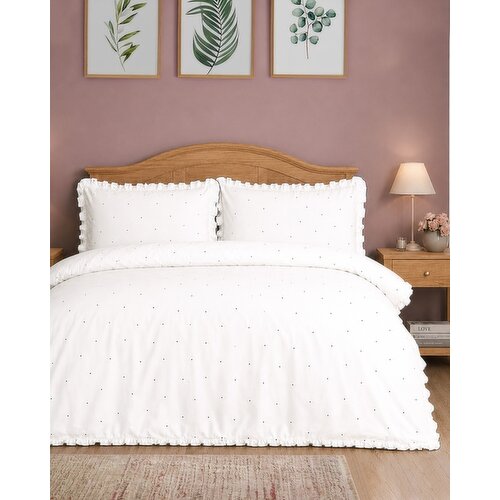 Polka Dot Ruffle Cotton Percale Duvet Set White King Size