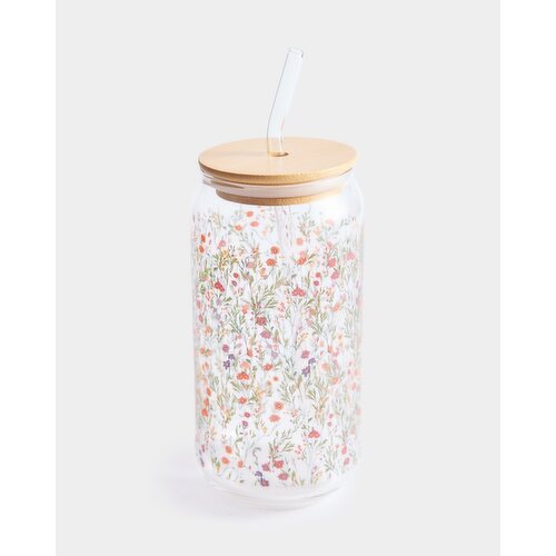 Printed Glass Tumbler With Straw - 470ml Botanic