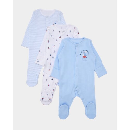 Pure Cotton Sleepsuits - Pack Of 3 Blue-White Newborn