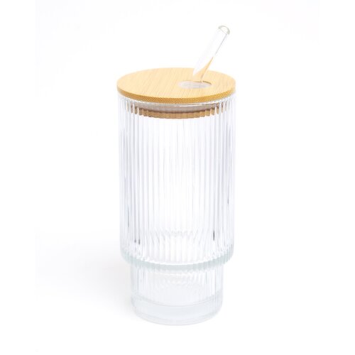 Ribbed Glass Tumbler With Straw Clear